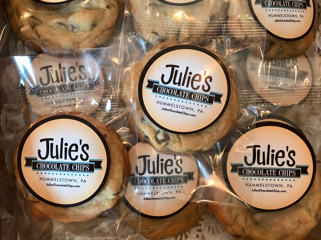 This is an image of individually wrapped Julie's Chocolate Chips Cookies for a care package.